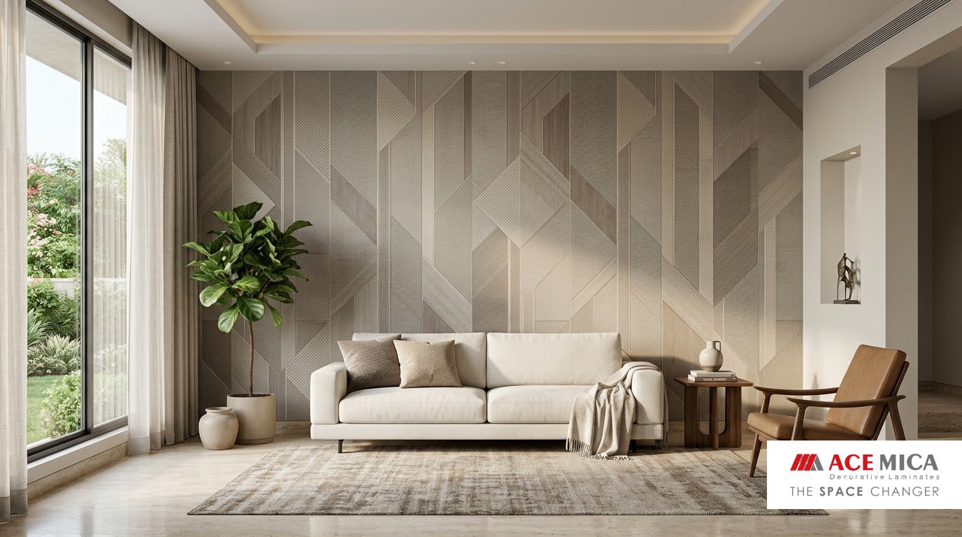 Designer laminate feature wall with a geometric wood-tone pattern in a modern living room