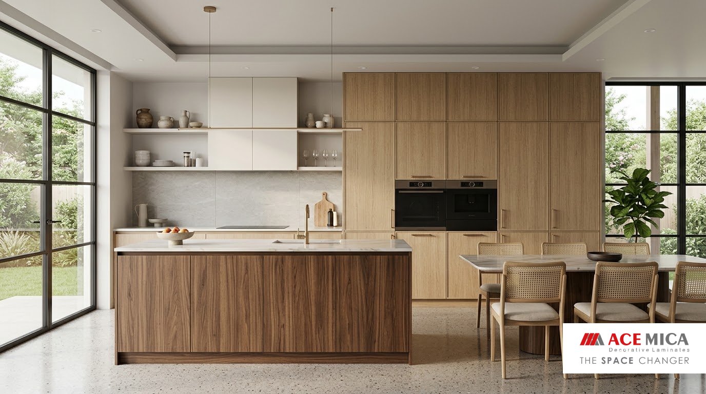 Wood finish laminate kitchen cabinetry in warm walnut and light oak tones