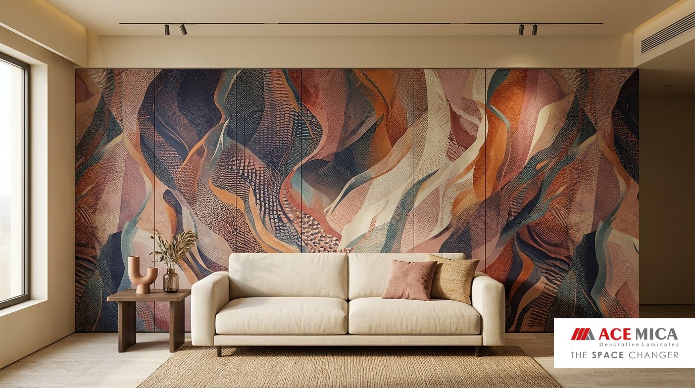 Rangrez digital print laminate feature wall with bold abstract colour pattern