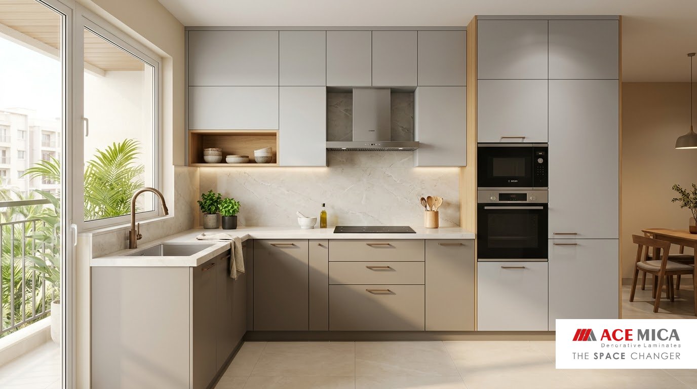 Grey mica laminate kitchen cabinetry with warm taupe lower units
