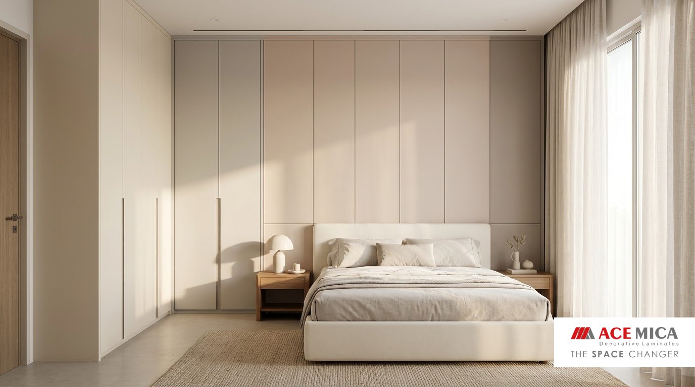Amour laminate wardrobe wall in soft neutral tones in a bedroom