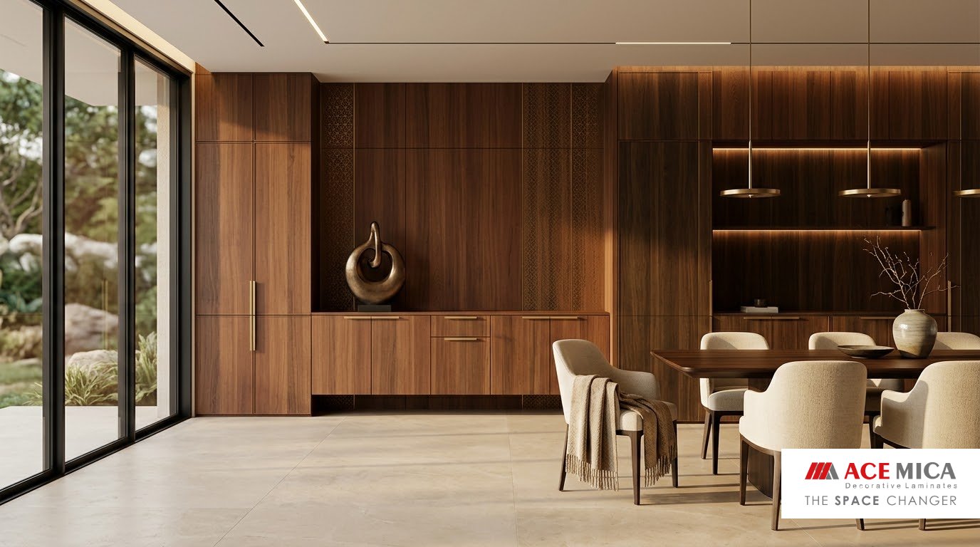 Anantara laminate wall panelling in rich walnut tones in a dining space